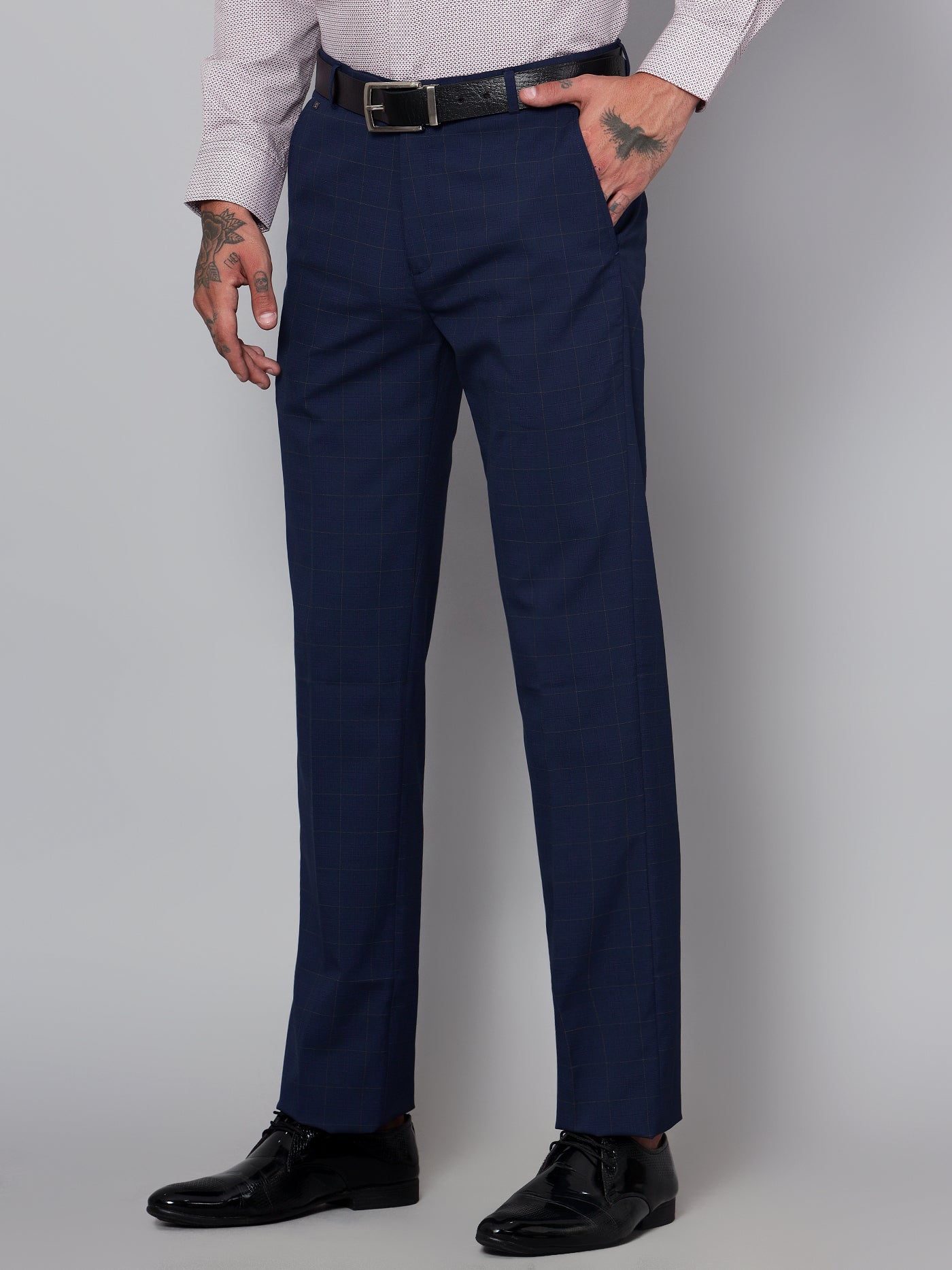 Cantabil Men Navy Blue Checkered Formal Trouser (7153440129163)