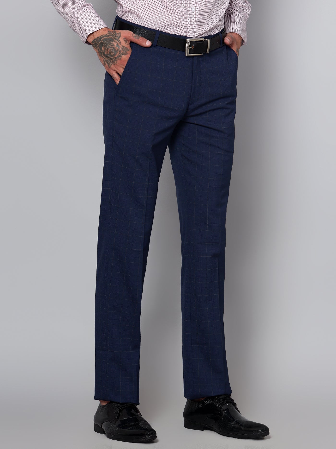 Cantabil Men Navy Blue Checkered Formal Trouser (7153440129163)