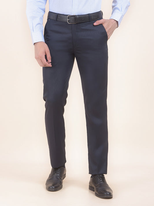 Men's Navy Regular Fit Self Design Formal Trouser
