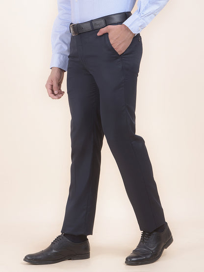 Men's Navy Regular Fit Self Design Formal Trouser