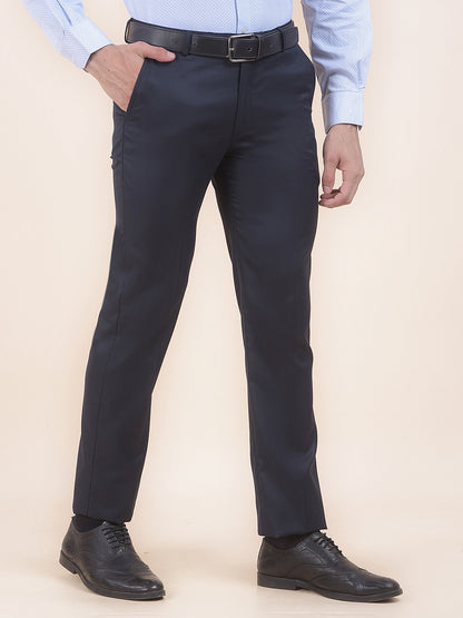 Men's Navy Regular Fit Self Design Formal Trouser
