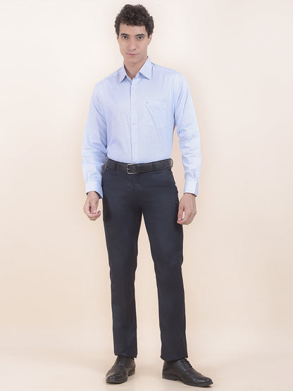Men's Navy Regular Fit Self Design Formal Trouser