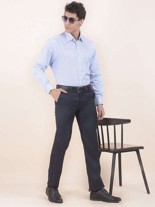 Men's Navy Regular Fit Self Design Formal Trouser