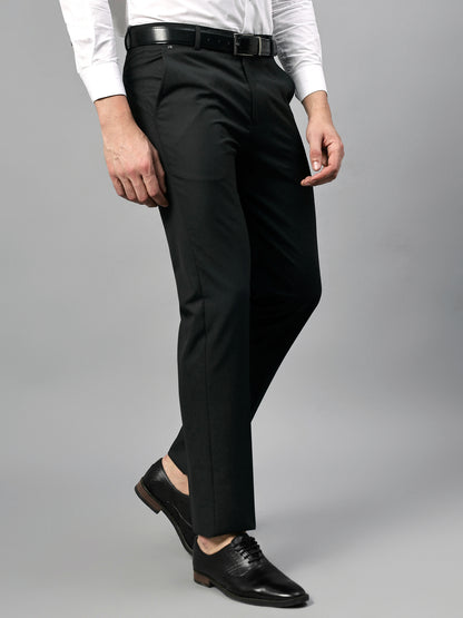 Men's Charcoal Black Self Design Non-Pleated Formal Trouser