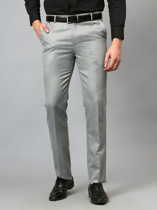 Men's Grey Regular Fit Self Design Formal Trouser