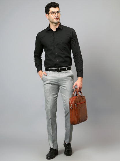 Men's Grey Self Design Non-Pleated Formal Trouser