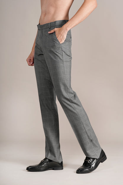 Men's Dark Grey Self Design Non-Pleated Formal Trouser