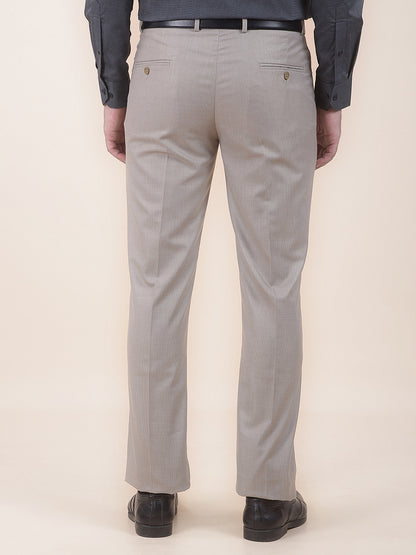 Men's Beige Regular Fit Self Design Formal Trouser