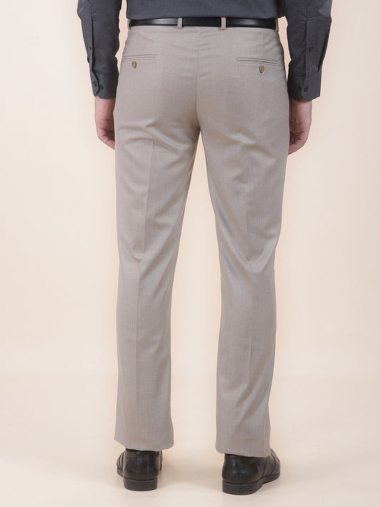 Men's Beige Regular Fit Self Design Formal Trouser