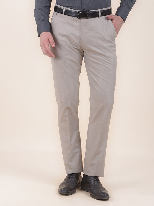 Men's Beige Regular Fit Self Design Formal Trouser
