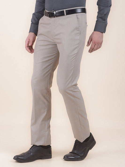 Men's Beige Regular Fit Self Design Formal Trouser