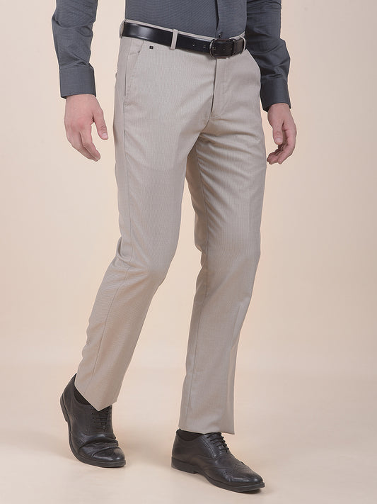Men's Beige Regular Fit Self Design Formal Trouser