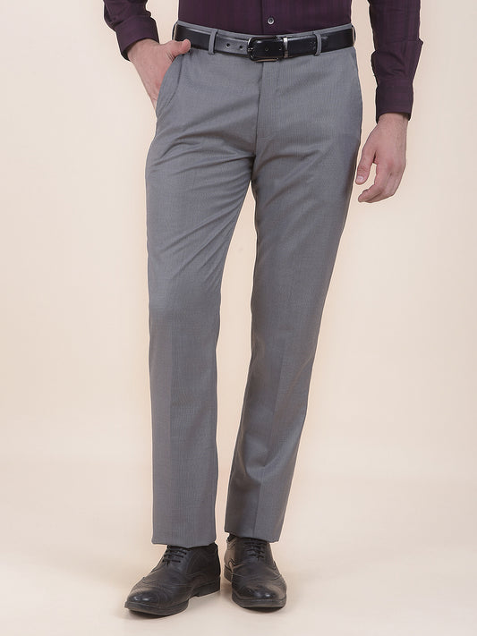 Men's Grey Regular Fit Self Design Formal Trouser