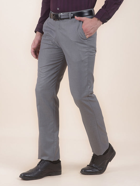 Men's Grey Regular Fit Self Design Formal Trouser