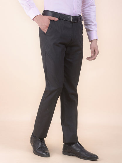 Men's Black Regular Fit Self Design Formal Trouser