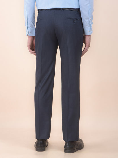 Men's Navy Regular Fit Self Design Formal Trouser