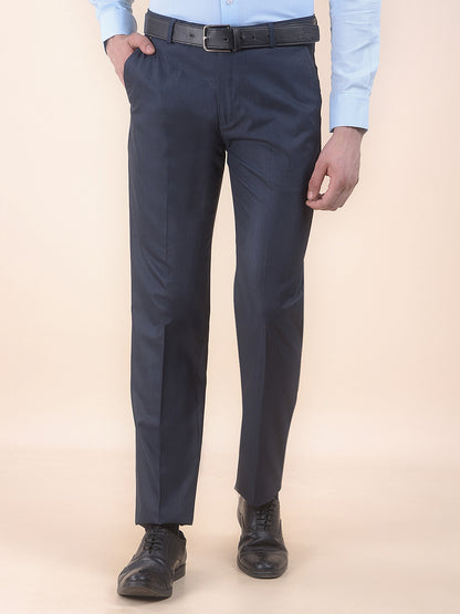 Men's Navy Regular Fit Self Design Formal Trouser