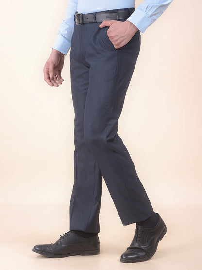 Men's Navy Regular Fit Self Design Formal Trouser