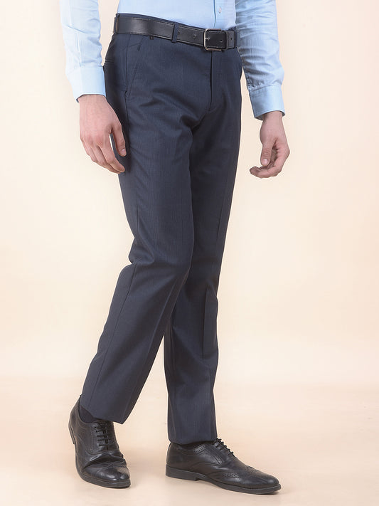 Men's Navy Regular Fit Self Design Formal Trouser