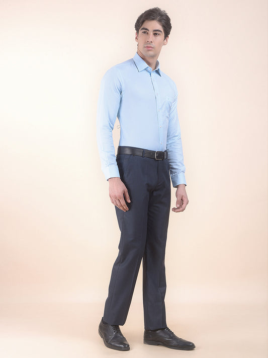 Men's Navy Regular Fit Self Design Formal Trouser
