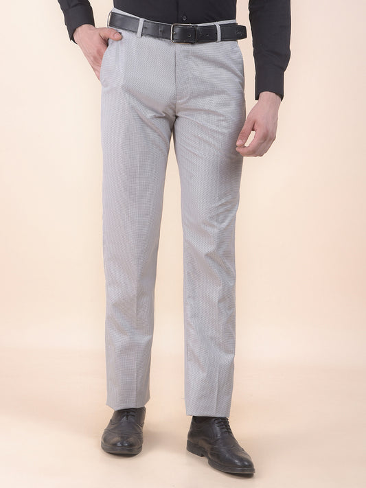 Men's Light Grey Regular Fit Self Design Formal Trouser