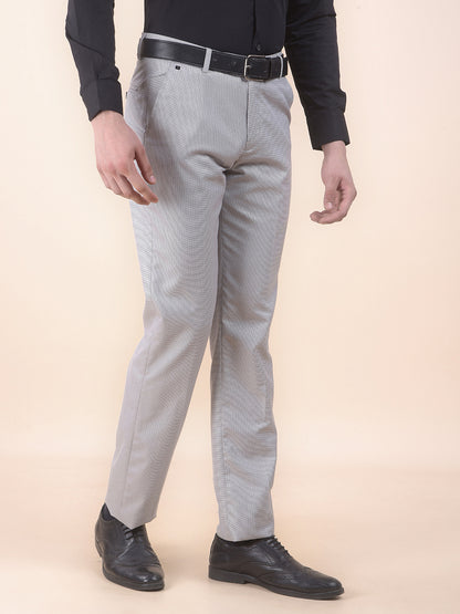 Men's Light Grey Regular Fit Self Design Formal Trouser