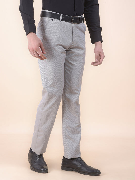 Men's Light Grey Regular Fit Self Design Formal Trouser