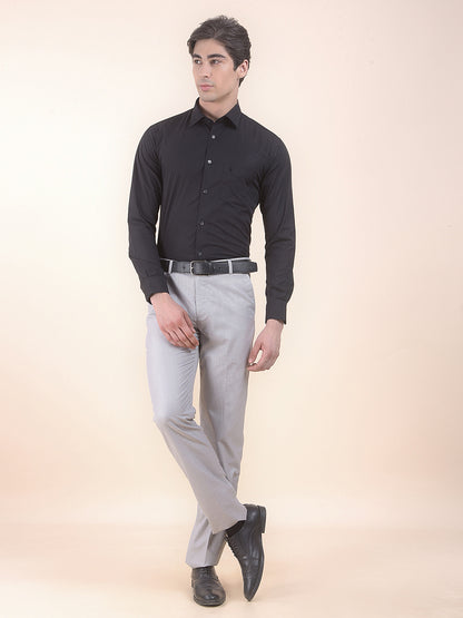 Men's Light Grey Regular Fit Self Design Formal Trouser