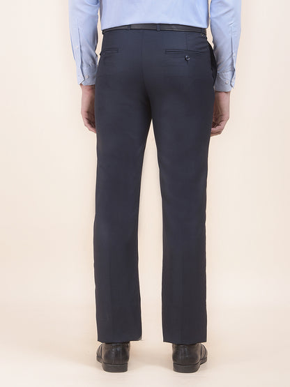 Men's Navy Regular Fit Self Design Formal Trouser
