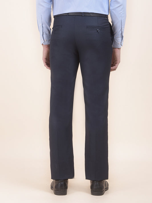 Men's Navy Regular Fit Self Design Formal Trouser