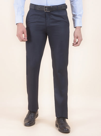 Men's Navy Regular Fit Self Design Formal Trouser