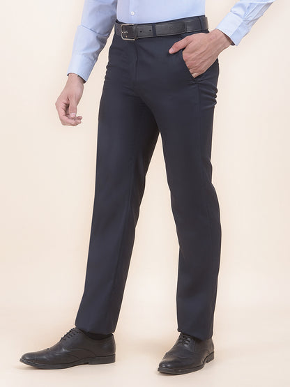 Men's Navy Regular Fit Self Design Formal Trouser