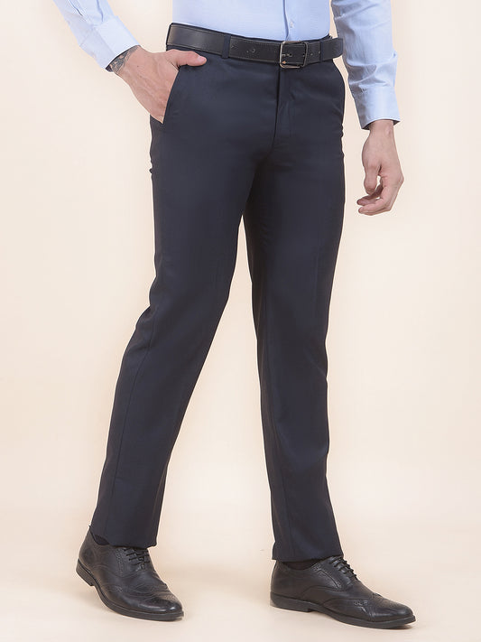 Men's Navy Regular Fit Self Design Formal Trouser