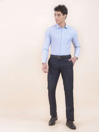 Men's Navy Regular Fit Self Design Formal Trouser