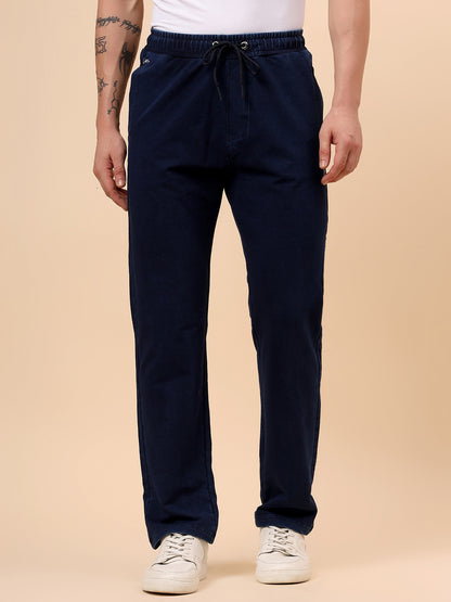 Men's Blue Solid Regular Fit Casual Track Pant