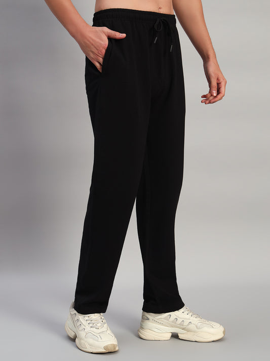 Men's Solid Black Flat Front Mid Rise Regular Fit Casual Track Pant