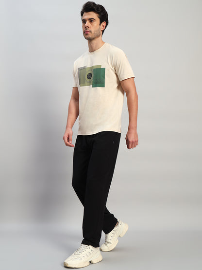 Men's Solid Black Flat Front Mid Rise Regular Fit Casual Track Pant