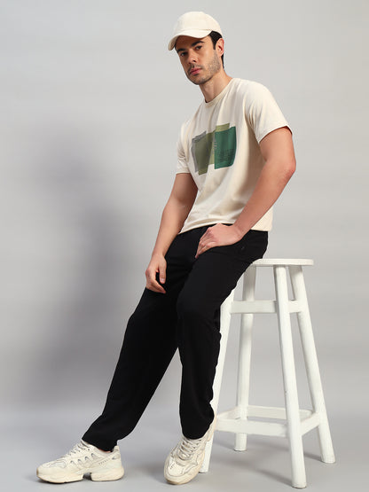 Men's Solid Black Flat Front Mid Rise Regular Fit Casual Track Pant