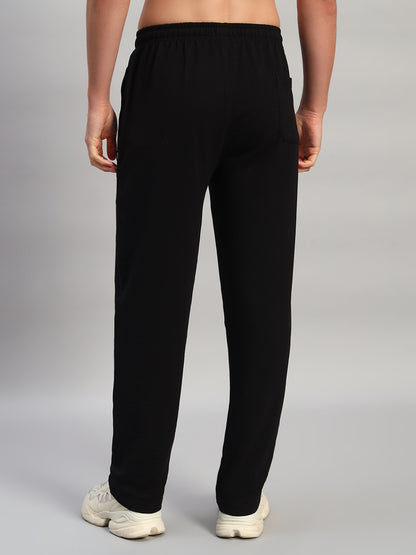 Men's Solid Black Flat Front Mid Rise Regular Fit Casual Track Pant