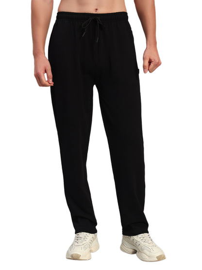 Men's Solid Black Flat Front Mid Rise Regular Fit Casual Track Pant