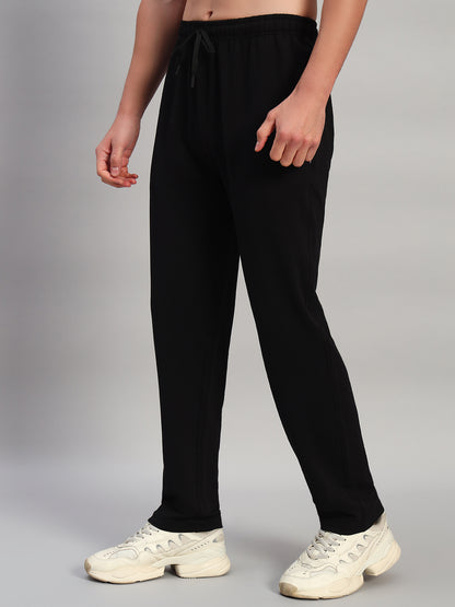Men's Solid Black Flat Front Mid Rise Regular Fit Casual Track Pant