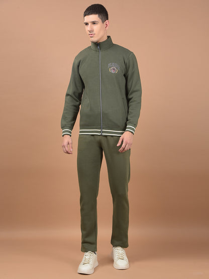 Men Light Olive Solid Mock Collar Regular Fit Winter Wear Track Suit for Men