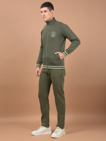 Men Light Olive Solid Mock Collar Regular Fit Winter Wear Track Suit for Men