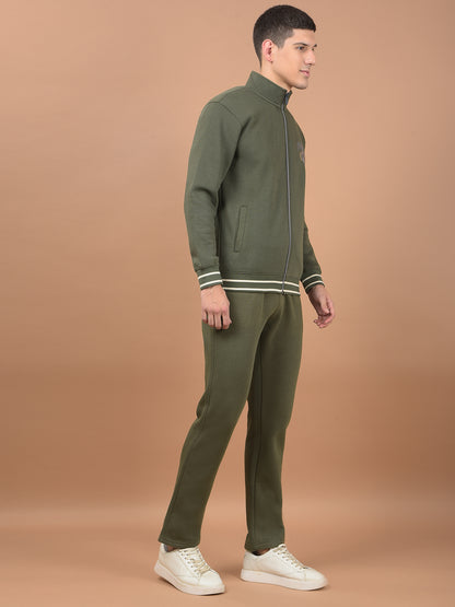 Men Light Olive Solid Mock Collar Regular Fit Winter Wear Track Suit for Men