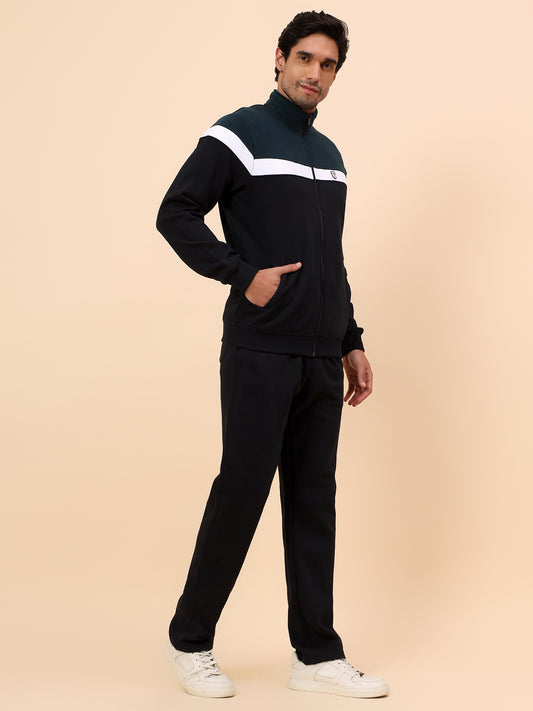 Track Suit for Men | Winter Wear Mock Collar with Full Zipper Upper Poly Cotton Fabric Colour Block Pattern