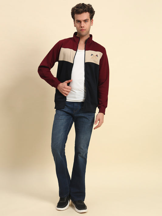 Sweatshirt for Men | Winter Wear Fleece Fabric Zipper Closure Mock Neck Regular Fit Colour Block Pattern