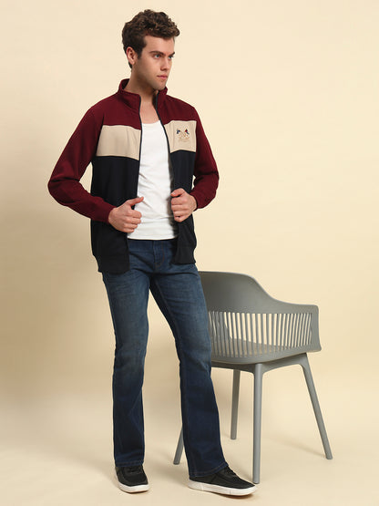 Sweatshirt for Men | Winter Wear Fleece Fabric Zipper Closure Mock Neck Regular Fit Colour Block Pattern