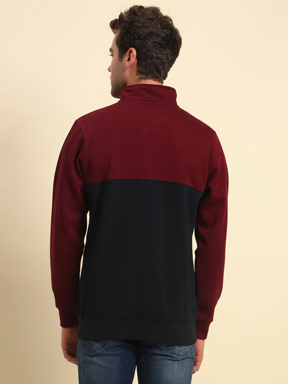 Sweatshirt for Men | Winter Wear Fleece Fabric Zipper Closure Mock Neck Regular Fit Colour Block Pattern