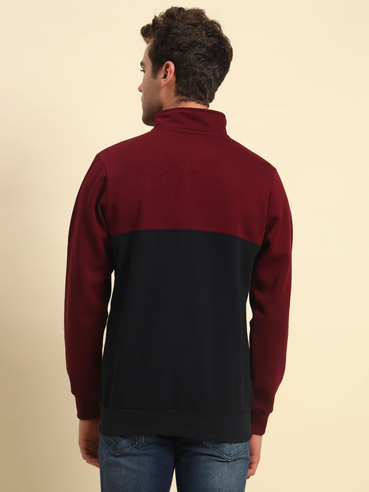 Sweatshirt for Men | Winter Wear Fleece Fabric Zipper Closure Mock Neck Regular Fit Colour Block Pattern