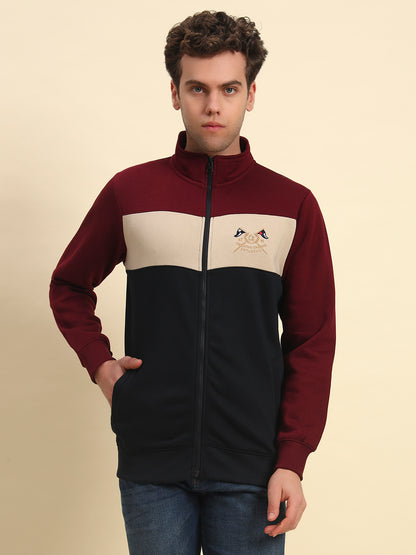 Sweatshirt for Men | Winter Wear Fleece Fabric Zipper Closure Mock Neck Regular Fit Colour Block Pattern